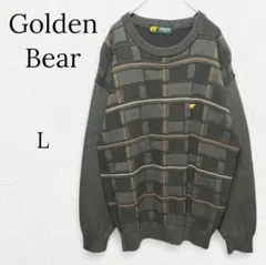 1168【ゴールデンベア】チェック柄ニット 長袖セーター ウール混 Ｌ レトロ