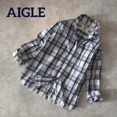AIGLE エーグル トップス チェック柄シャツ　長袖　ブラウス　白ネイビーS