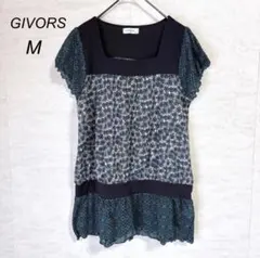 【ジボール】美品 花柄チュニック(M)ブルー スクエアネック フェミニン 薄手