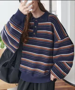 【ユニセックス/WEB限定】マルチボーダーニットポロ　完売品