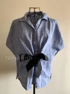 新品｜スピックアンドスパン 肩リボンステッチリネン混ブラウス 紺 