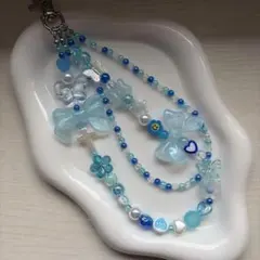 ビーズストラップ　携帯ストラップ　青　韓国　y2k スクバ　二重