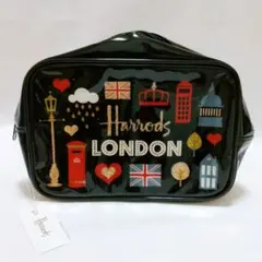 未使用　Harrods ハロッズ ロンドン柄 ビニールポーチ タグ付き ブラックのサムネイル
