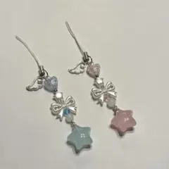 ビーズキーホルダー 水色 ピンク リボン 星 コレクトブック 韓国 y2k 平成