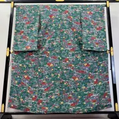 小紋 中振り 型染め 縮緬 花柄 桔梗 家屋 鳥 緑 NK-1189 振袖ネットレンタル：レトロストライプ】ピンクの丸い花/KH-227