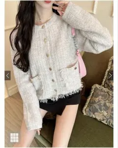 GRL フリンジツイードニットカーディガン　オートミール[an1394]美品