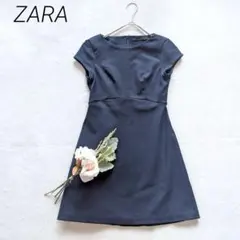 ZARA ザラ　半袖フレアワンピース　紺　M フォーマル　Aライン　上品　無地