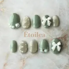 ミントグレーリボンパールネイルチップ