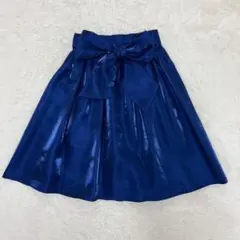 ◎ リボン付き フレアスカート 光沢 サテン風 ブルー 上品 きれいめ M