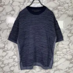 美品　nano universe　（L）　透かし編みボーダー半袖ニット　紺系