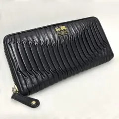 COACH 長財布 ブラック ギャザー レザー ラウンドファスナー