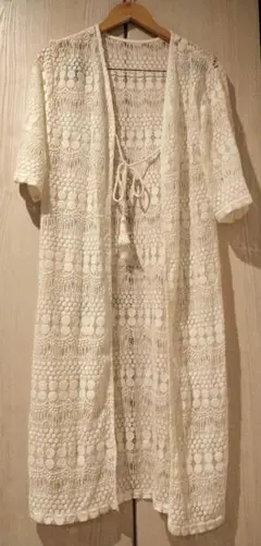 ホワイトレース編みロングカーディガン