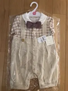 【新品タグ付き】ボウタイ付きベージュ・チェックロンパース 70cm