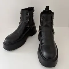 ZARA ザラ サイドゴアブーツ 厚底 お花 ビジュ 黒 23.0 23.5cm
