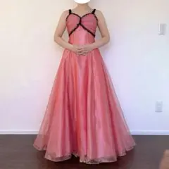 光沢サテン ダンス衣装 ロングフレアスカート ワンピース ピンク