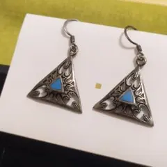 三角　ブルー　青　ピアス　シルバー　長い　揺れる　ヴィンテージ　エナメル