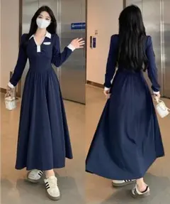 大きいサイズ ロング　ワンピース　XXL レディース 秋冬 新品 長袖　ネイビー