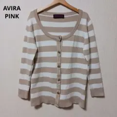 カーディガン　七分袖～九分袖　アビラピンク　ベージュ×ホワイト　ボーダー　ニット