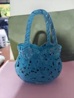 ガラス製 バスケット型 小物入れ 青系 斑点模様 インテリア