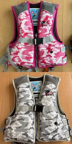 【ほぼ未使用】ライフジャケット ピンクM グレーL 迷彩2点セット　川　海　釣り