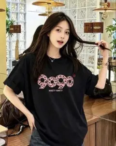 9090 Tシャツ 半袖 ブラック ピンク ヒョウ柄 NINETYNINETY