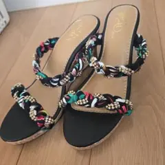 新古品カラフル編み込みウェッジヒールサンダルＬ