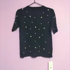 タグ付き　半袖ニット　パールビーズデザイントップス　オフィスカジュアル
