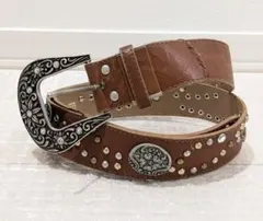C17 レザー調ウエスタンベルト ラインストーン スタッズ シルバー×ブラウン