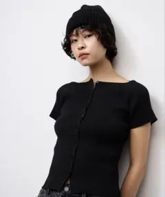 GU リブボートネックカーディガン 半袖 ブラックXL