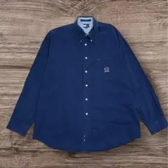 トミーヒルフィガー古着ボタンダウンシャツ紺刺繍ロゴ長袖オックスフォードXL相当