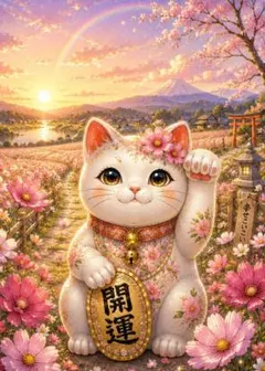 044【秋桜に包まれる幸運招き猫 】富士山と夕空の開運風景AIアート A4対応