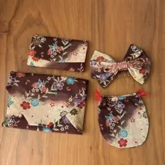 和装小物4点セット　リボン髪飾り　巾着袋　懐紙入れ　数寄屋袋