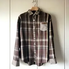unusually チェック柄 長袖ボタンシャツ ブラウン - メルカリ