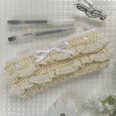 【No.085-y】リボンとフリルペンケース イエロー 編み物 ハンドメイド