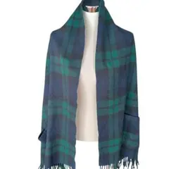 Begg & Co/ポケット付く大判ストール/ネイビーグリーンチェック柄マフラー