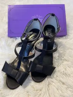 【美品】DreAng ブラックサテン リボンサンダル　結婚式 二次会 パーティ