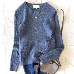 美品 グリーンレーベルリラクシング カシミヤ100％ ケーブルニット ブルー L