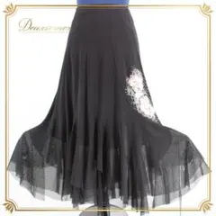 【美品 社交ダンス衣装】スカート レッスンウェア 練習着 黒 ブラック 花柄