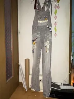 ヒッコリーストライプ サロペット ワッペン装飾