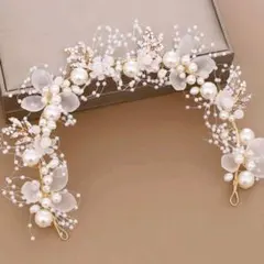 ヘッドドレス　 ブライダル ヘアアクセサリー 花 パール　F-1