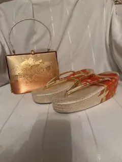 オレンジとゴールドの草履とバッグセット　振袖などに