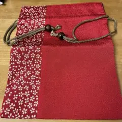 金沢　桜柄 赤色 巾着袋