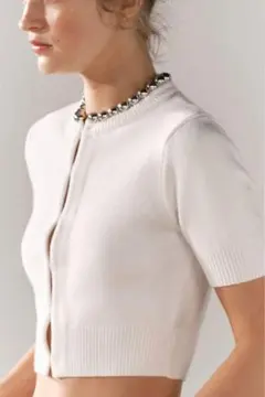 ZARA 銀玉ビジュー装飾　ホワイト 半袖 カーディガン