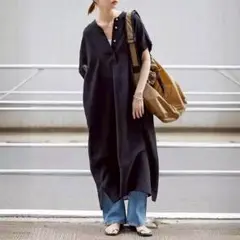 ロングワンピース シャツワンピース 半袖 体型カバー 上品　抜け感　ブラック