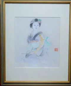 美人画 額装 日本画 扇子を持つ女性 - メルカリ
