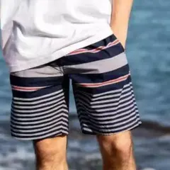 メンズ ショートパンツ 　LL 速乾 膝上 　ボーダー ブルー 　水着