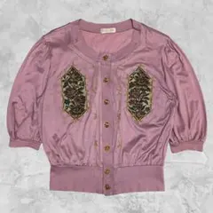 ヴィンテージ✨花柄刺繍 金ボタン カーディガン パフスリーブ くすみピンク M