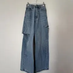 GRL ダメージデニム ワイドパンツ ライトブルー S