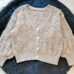 NICE CLAUP クロップドカーディガン ベージュ 透かし編み