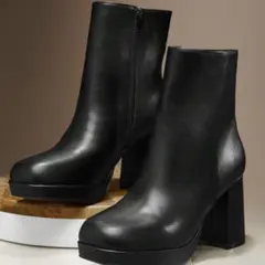 ショートブーツ　レディース スクエアトゥ チャンキーヒール ジップアンクルブーツ